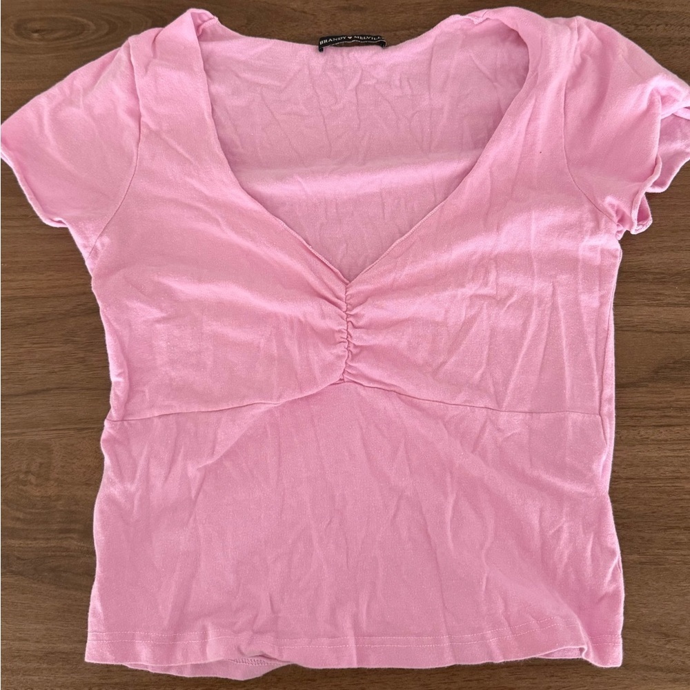 Brandy Melville Pink Ruched Cap Sleeve Blouse
